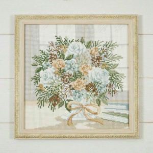 完成品】クロスステッチフレーム＜ホワイトブーケ＞ | リバティ 生地