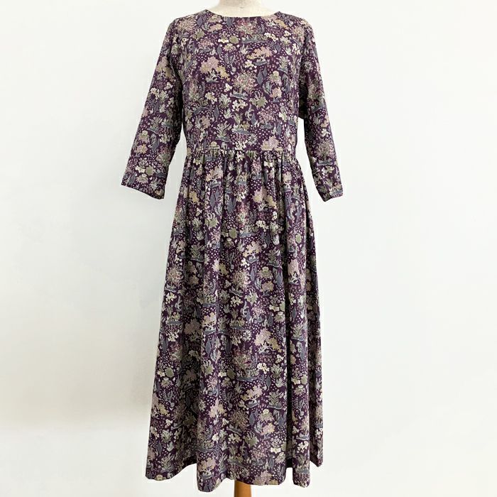 リバティプリント シンプルギャザーワンピース（七分袖）＜Mサイズ