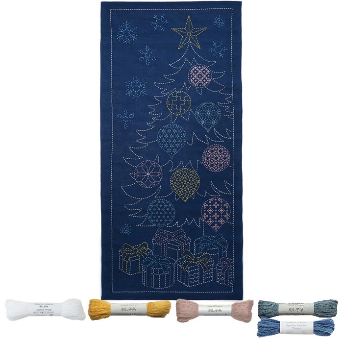 刺し子クロス ノエルツリー・紺 | リバティ 生地、編み物、刺繍